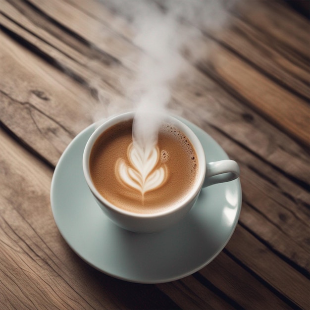 Photo a closeup coffee cup on wooden table steam rising