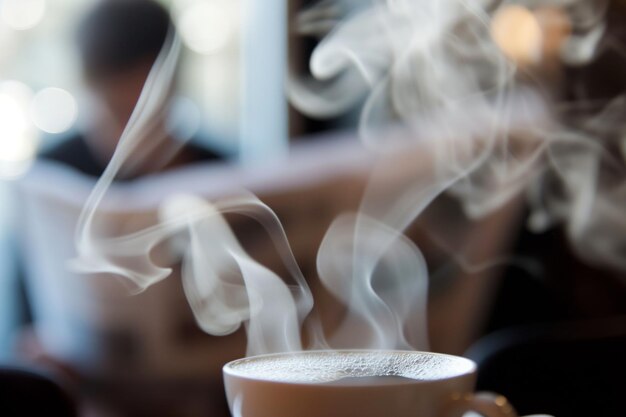 Foto close-up di una persona che legge il giornale dietro il vapore del caffè sfocato