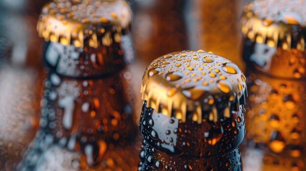 Foto close-up di bottiglie di birra fredde con gocce di condensazione perfette per le celebrazioni della giornata internazionale della birra