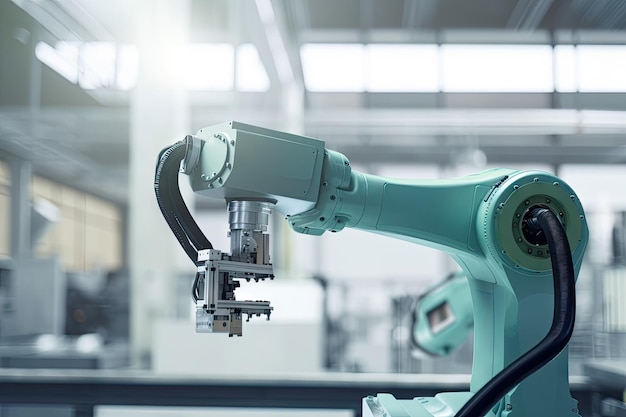 ジェネレーティブ AI で作成された背景に工場フロアが見える協働ロボット アームのクローズ アップ