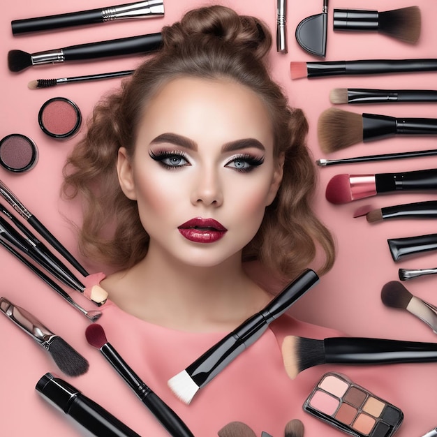 Closeup collection of makeup and beauty products