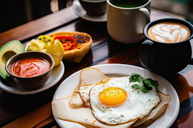 Closeup of colombian breakfast with freshly cooked eggs and hot coffee