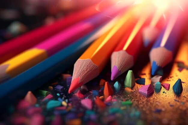 Closeup of colored pencils bright color picture of drawing tools for children and adults generative