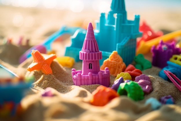 カラフルなビーチおもちゃと砂の城型夏のクローズアップ