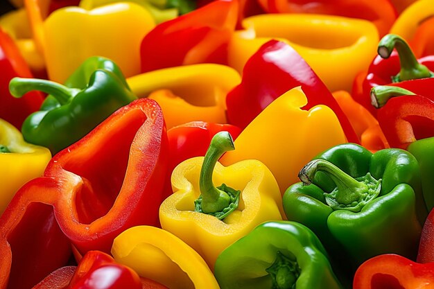 Photo closeup of colorful bell peppers sliced and ready for salsa