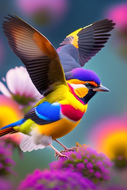 꽃에 자리 잡은 다채로운 새의 근접 촬영