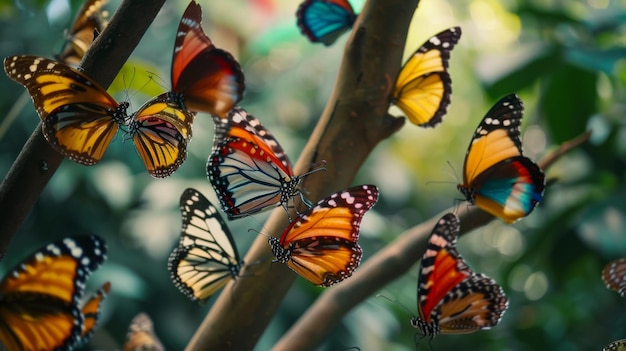 樹枝 に 座っ て 自然 の 景色 に 美しさ を 加え て いる 色々 な 蝶 の クローズアップ