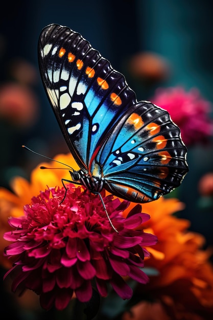 Крупный план разноцветной бабочки, поедающей цветок.
