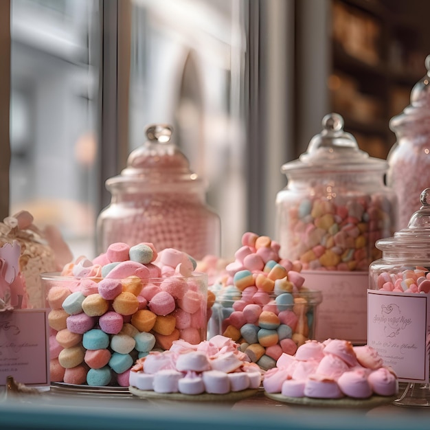 Photo closeup of colorful candies in the glass jars in confectionery ai generated