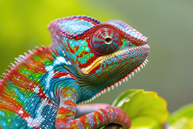 Photo closeup of a colorful chameleon blending in