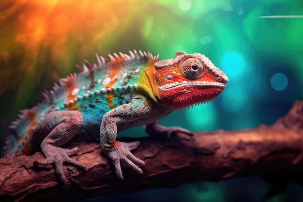 Closeup of colorful chameleon on the branch Generative AI