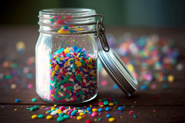 A closeup of colorful confetti in a jar ready to be used for party decorations