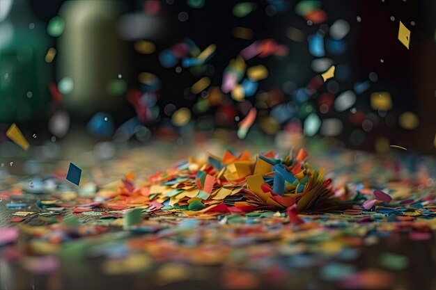 Closeup of colorful confetti in motion with blurred background