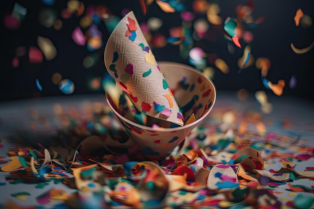 Closeup of colorful confetti swirling around in a paper funnel