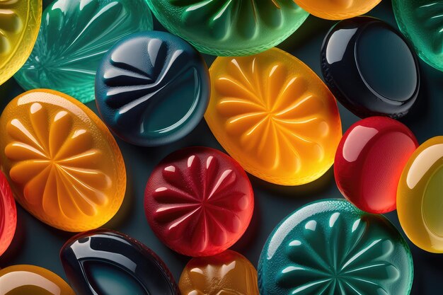 Closeup of colorful cough drops with their distinctive shapes and flavors visible