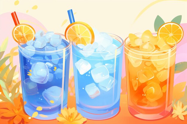 Photo closeup of colorful drinks on the bar with water backdrop
