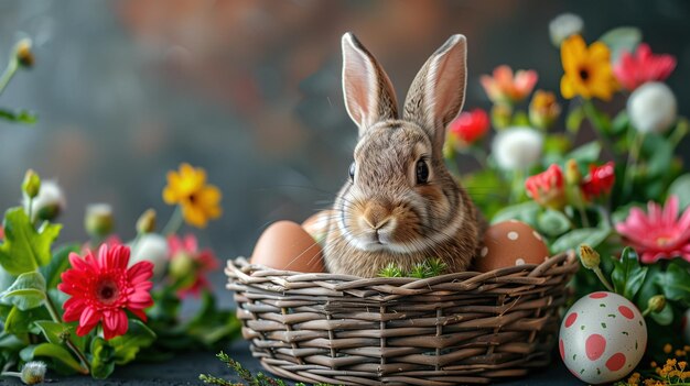 Photo closeup of colorful easter eggs and bunny arranged in a basket with spring flowers in the background