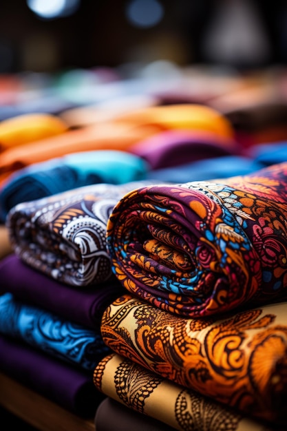 Closeup of colorful fabrics showcasing intricate patterns from a textile factory