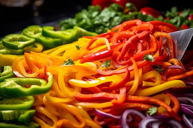 A closeup of colorful fajita vegetables caramelizing on the grill