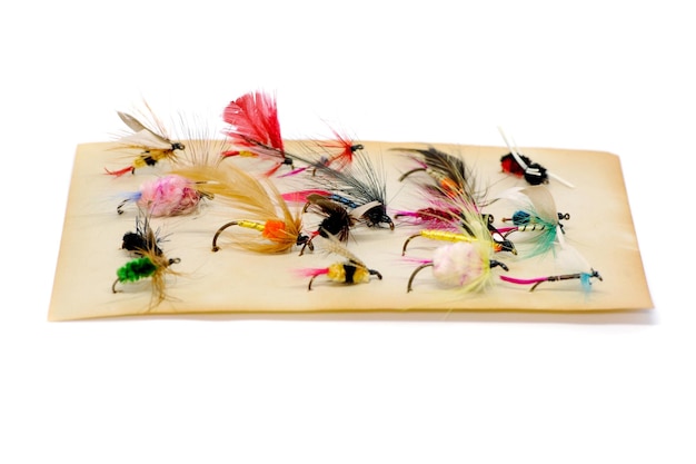 Closeup of a colorful fishing fly on a white background