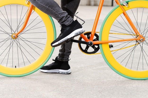 Closeup of a colorful fixie bike Sustainable urban transport concept