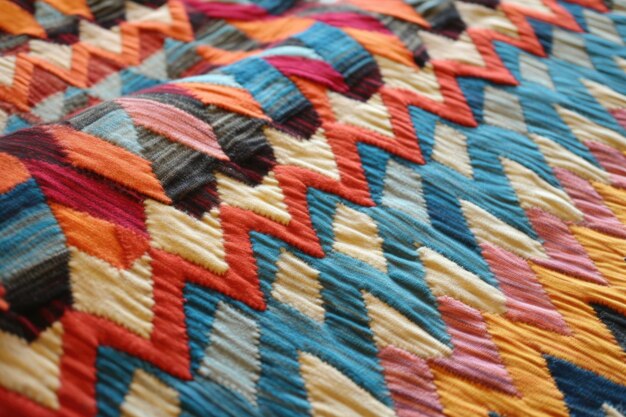 Closeup of a colorful geometric kilim rug created with generative ai