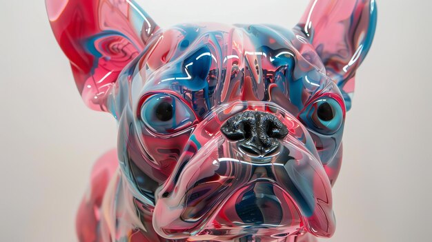 A closeup of a colorful glass sculpture of a French bulldog The sculpture is made of transparent glass with blue pink and purple swirls