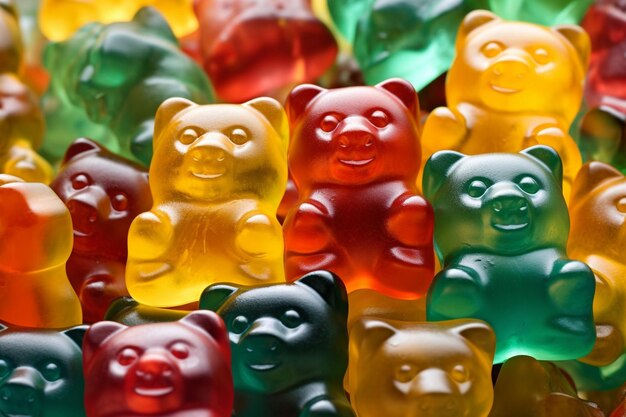 Photo closeup of colorful gummy bears arranged in a pattern