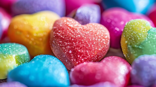 Closeup of colorful heartshaped candies covered in sugar crystals