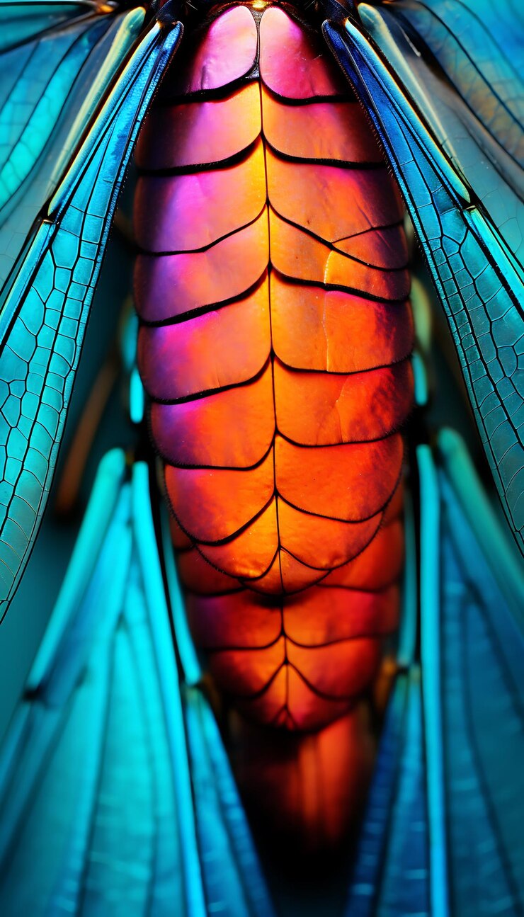 Photo closeup of a colorful insect wing showcasing intricate patterns