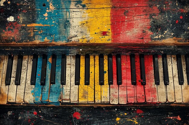 Closeup of the colorful keys of an old piano