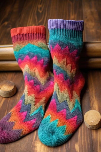 Closeup of colorful knitted socks on a wooden background created with generative ai