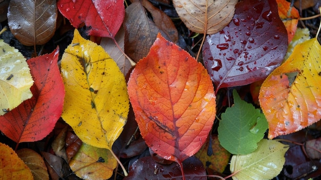 Closeup of colorful leaves in varying hues of red orange and yellow symbolizing the shift from