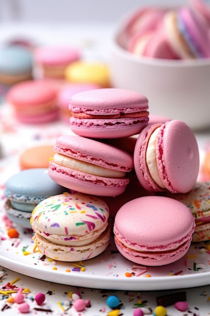 Closeup of colorful macarons on a white plate created with generative ai