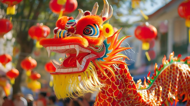 A closeup of a colorful and majestic dragon puppet with intricate details and vibrant colors during a traditional Chinese New Year celebration