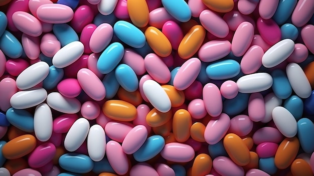 Closeup colorful medical pills and capsules background Top view and flat