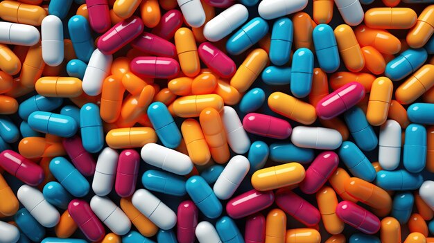 Photo closeup colorful medical pills and capsules background top view and flat