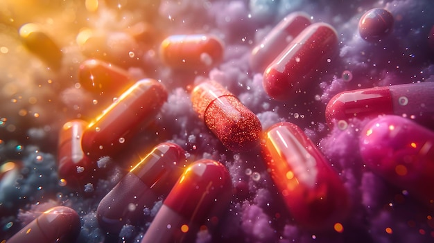 Closeup of colorful medication capsules in dynamic movement pharmaceutical industry and healthcare concept bright and vivid healthcare imagery AI