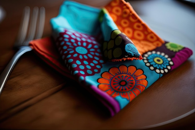 A closeup of a colorful napkin on a wooden table with different textures and patterns