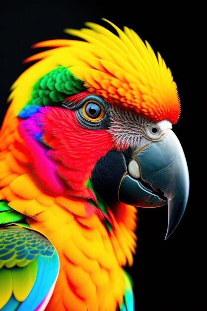 Closeup of a colorful parrot with glasses isolated on black background