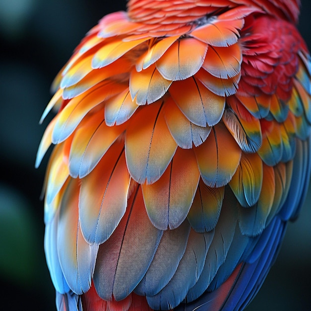 Foto close-up delle piume di un pappagallo colorato