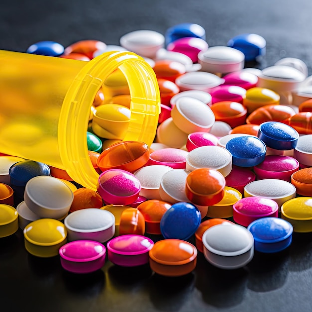 A closeup of colorful pills spilled out of their container