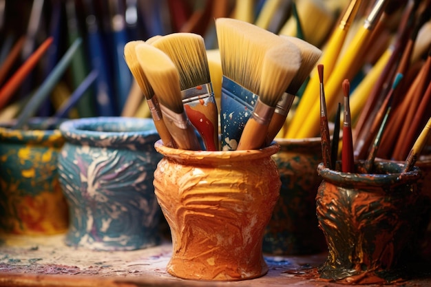 Closeup of colorful pottery glazes and brushes