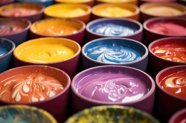 Closeup of colorful pottery glazes on palette