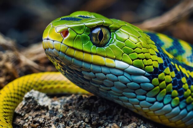 Foto un primo piano di un serpente colorato nell'habitat naturale