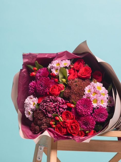 Closeup colorful spring bouquet with many different flowers jelly