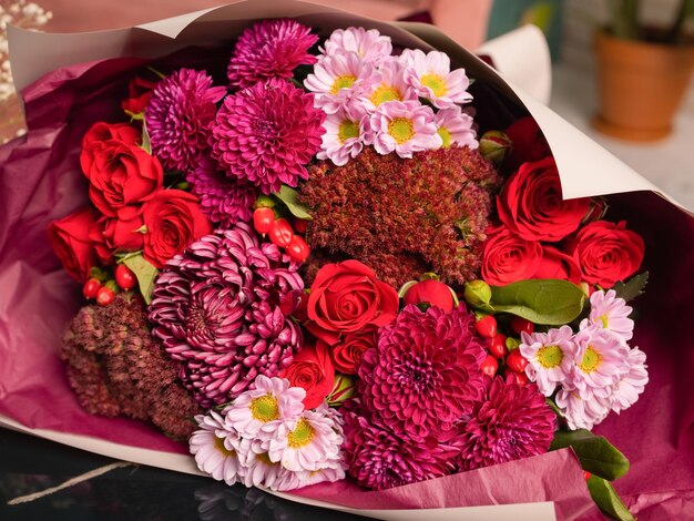 Closeup colorful spring bouquet with many different flowers jelly