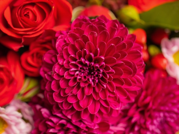 Closeup colorful spring bouquet with many different flowers jelly