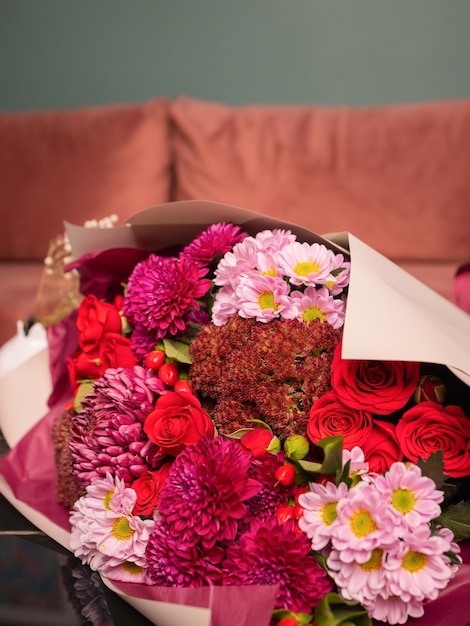 Closeup colorful spring bouquet with many different flowers jelly