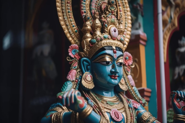 Closeup of colorful statue of hindu deity in temple